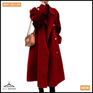 Oversized Wool Blend Pea Coat Double Breasted Midi Trench Winter Chic